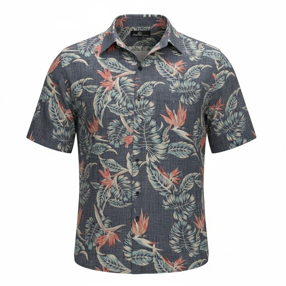MOLOKAI SURF Mens XL Blue Floral Bird of Paradise Short Sleeve Button Up Shirt